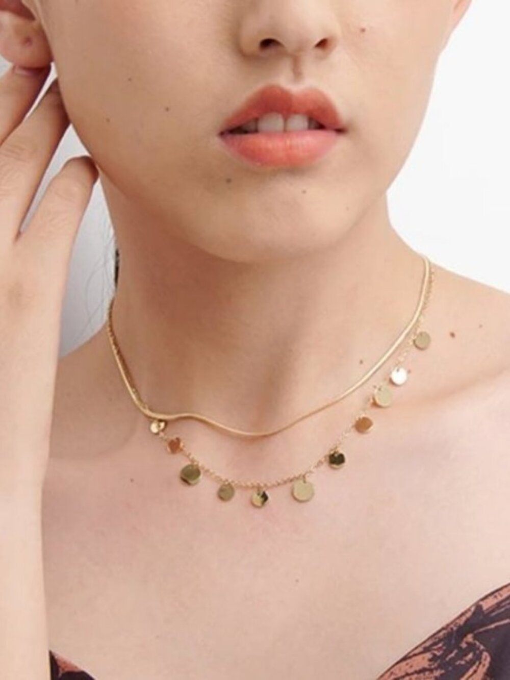 New 18K Gold Plated Coin Drop Double Layer Herringbone Necklace - Picture 6 of 7